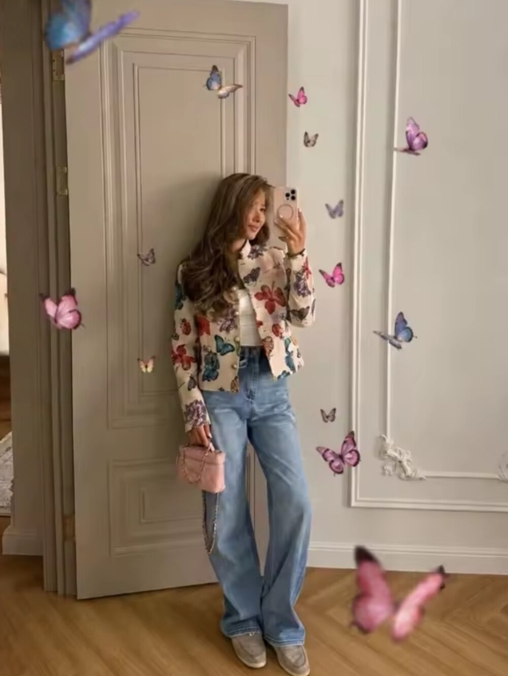 Butterfly Floral Print Cropped Jacket Women Stand Collar Gold Button Long Sleeve - Picture 5 of 7
